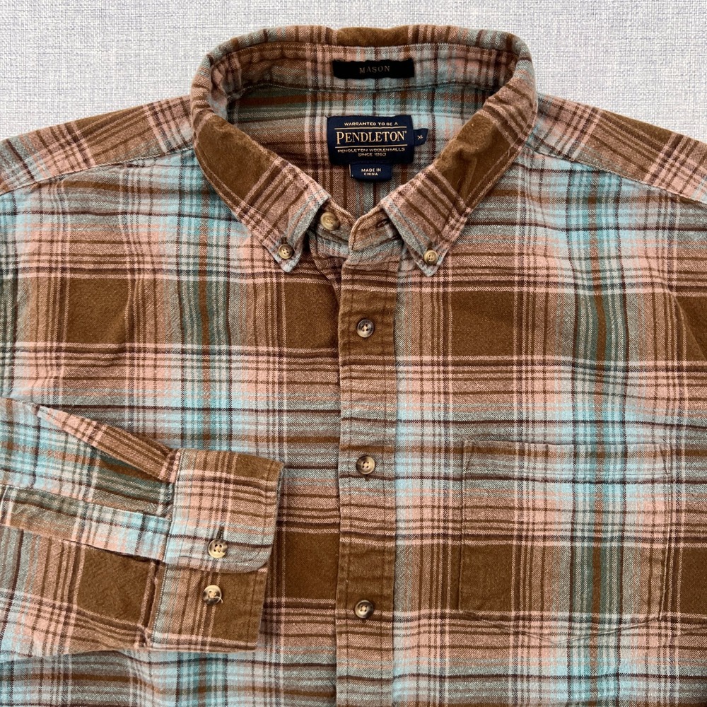 Pendleton Mason Plaid Flannel‎ Shirt Men XL Brown Teal Button Down Cotton Gorp